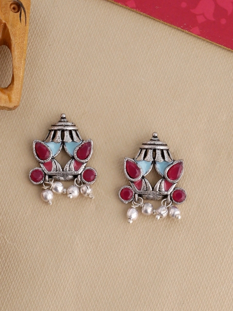 

Studio Voylla Silver-Toned & Red Oxidised Contemporary Drop Earrings