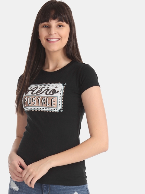 

Aeropostale Women Black & White Printed Round Neck T-shirt