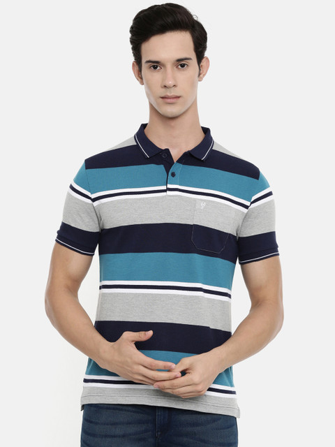 

Classic Polo Men Grey Striped Polo Collar T-shirt