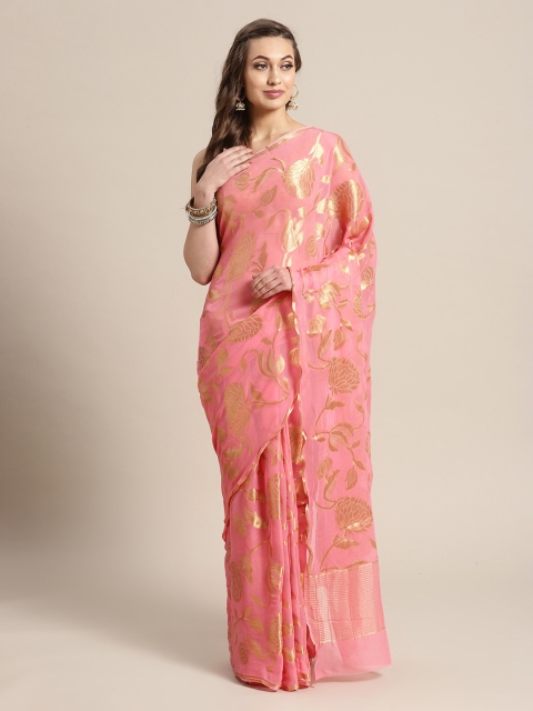 

Mitera Pink Hand Woven Floral Zari Georgette Saree