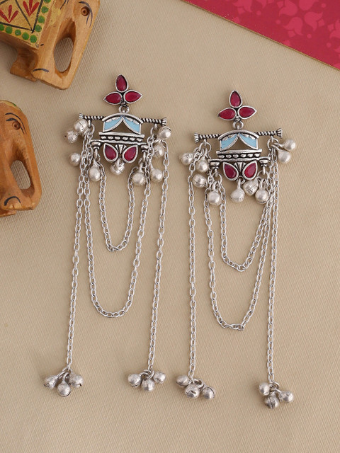 

Studio Voylla Silver-Toned & Red Oxidised Contemporary Drop Earrings