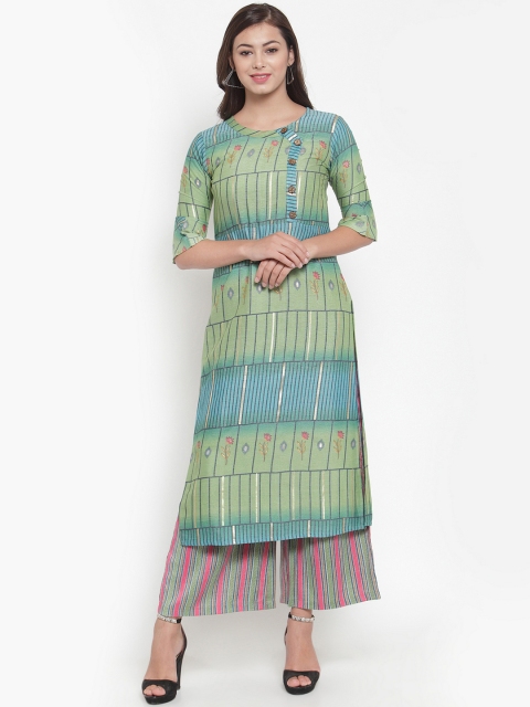 

Indibelle Women Green & Blue Printed Kurta with Palazzos