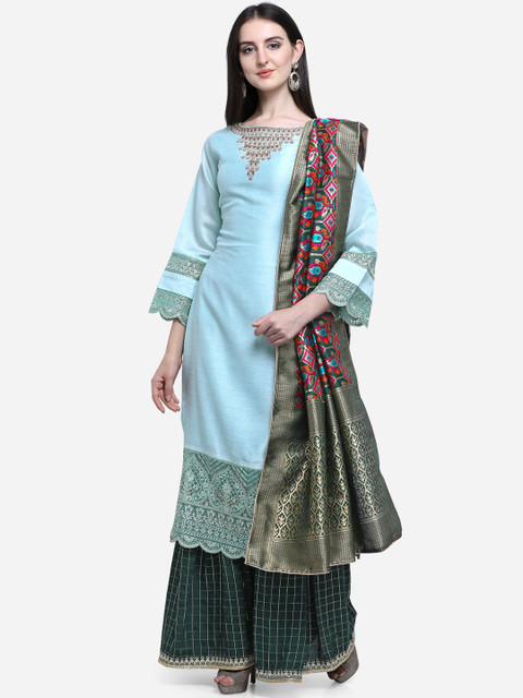 

Stylee LIFESTYLE Blue & Olive Green Satin Semi-Stitched Dress Material