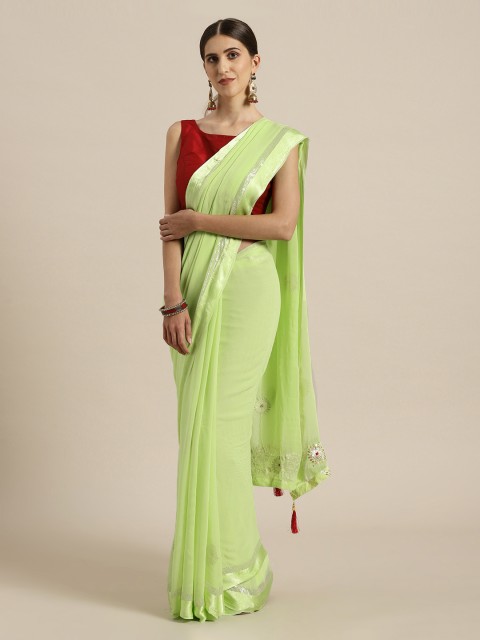 

Mitera Lime Green Hand Embroidered Georgette Sustainable Saree