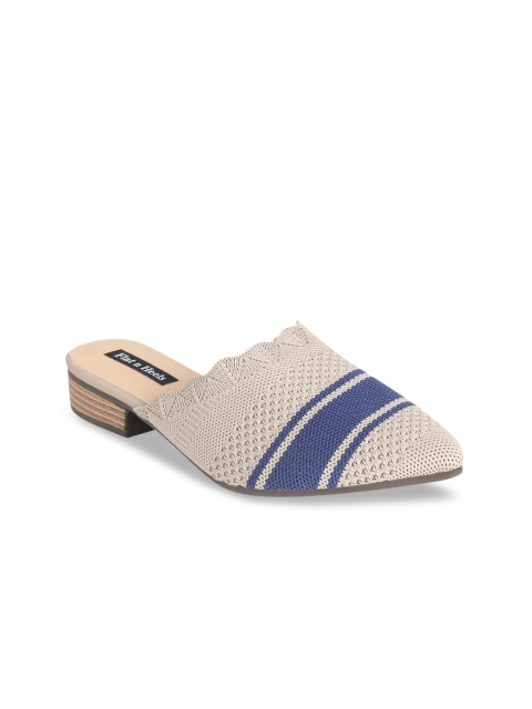 Flat n Heels Women Beige & Blue Woven Design Mesh Mules
