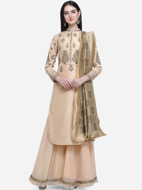 

Stylee LIFESTYLE Beige Satin Semi-Stitched Dress Material