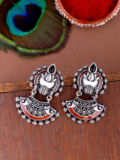 

Studio Voylla Silver-Toned & Black Oxidised Contemporary Drop Earrings