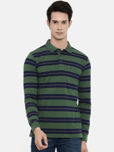 

Classic Polo Men Olive Green Striped Polo Collar T-shirt