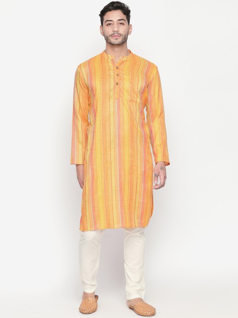 

Vivids India Men Orange Striped Straight Kurta