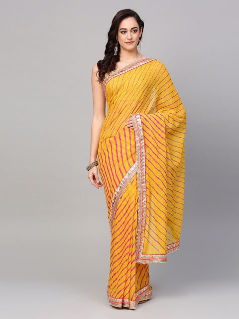 

Mitera Yellow & Pink Poly Georgette Dyed Leheriya Saree With Gotta Patti Border