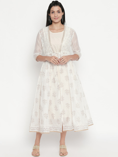 

RANGMANCH BY PANTALOONS Women Off-White Printed Fit and Flare Dress