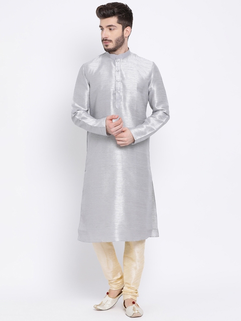 

NAMASKAR Men Silver-Coloured Solid Silk Straight Kurta