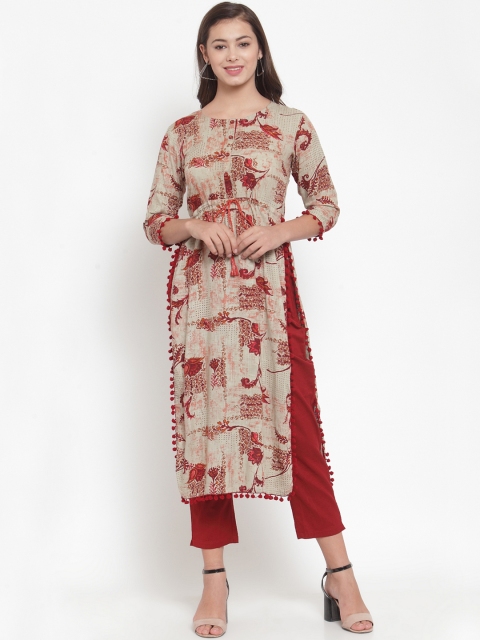 

Indibelle Women Maroon & Beige Printed Straight Kurta