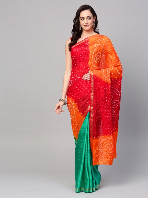 

Mitera Green & Orange Art Silk Dyed Bandhani Saree