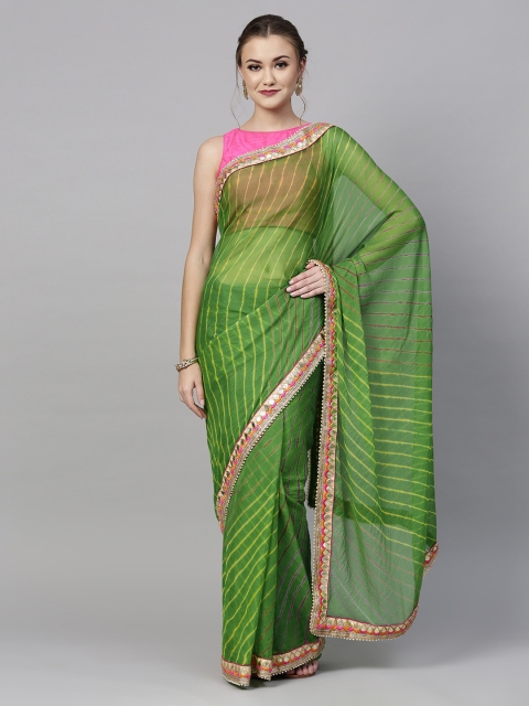 

Mitera Hand Dyed Green Leheriya Chiffon Sustainable Saree
