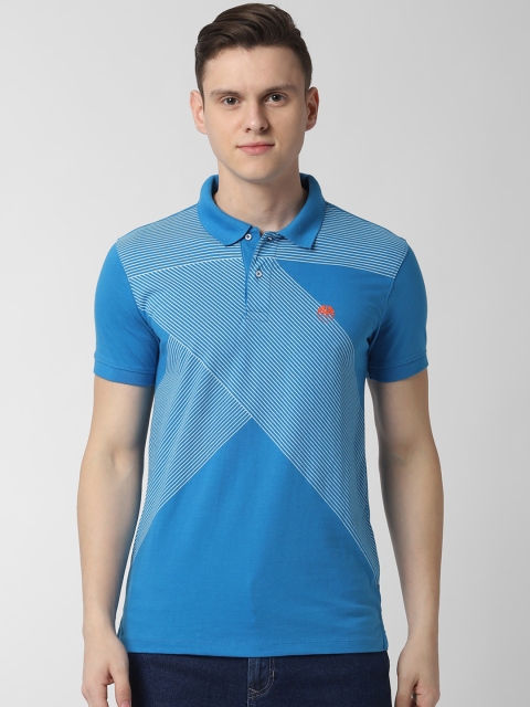 Peter England Casuals Men Blue Slim Fit Striped Polo Collar T-shirt