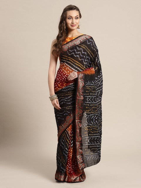 Mitera Hand Dyed Shaded Green Bandhani Silk Sustainable Saree, Black