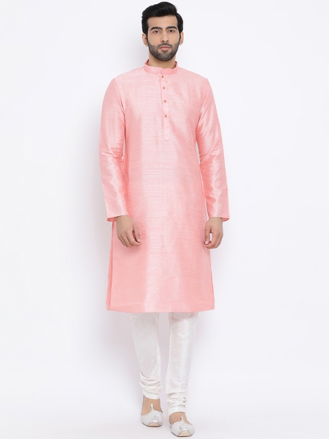

NAMASKAR Men Pink Solid Silk Straight Kurta