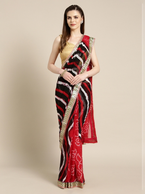 

Mitera Red & Black Poly Chiffon Striped Bandhani Saree