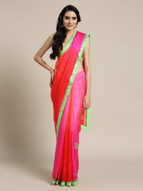 

Mitera Pink & Red Hand Embellished Kota Silk Sustainable Saree