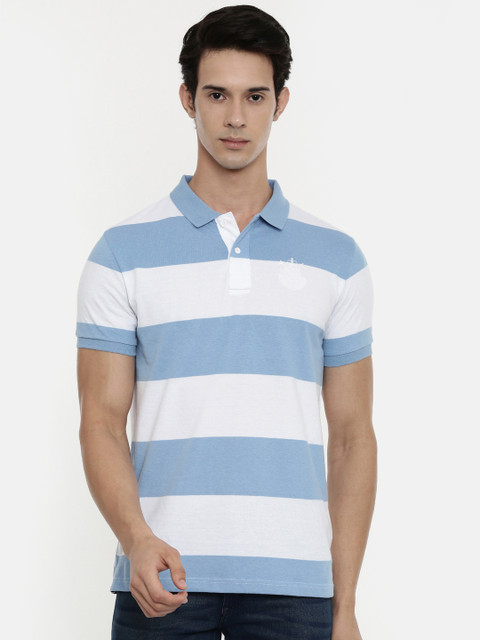 

Classic Polo Men Blue Striped Polo Collar Slim Fit T-shirt