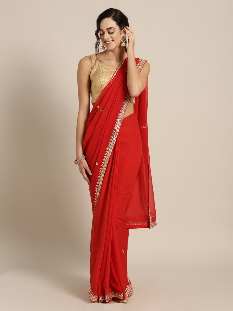 

Mitera Red & Gold-Toned Pure Georgette Embroidered Saree