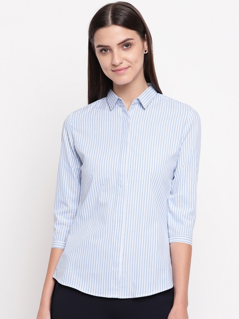 

Hancock Women White & Blue Regular Fit Striped Formal Shirt
