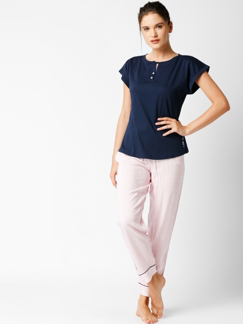 

I like me Women Navy Blue & Pink Solid Night suit