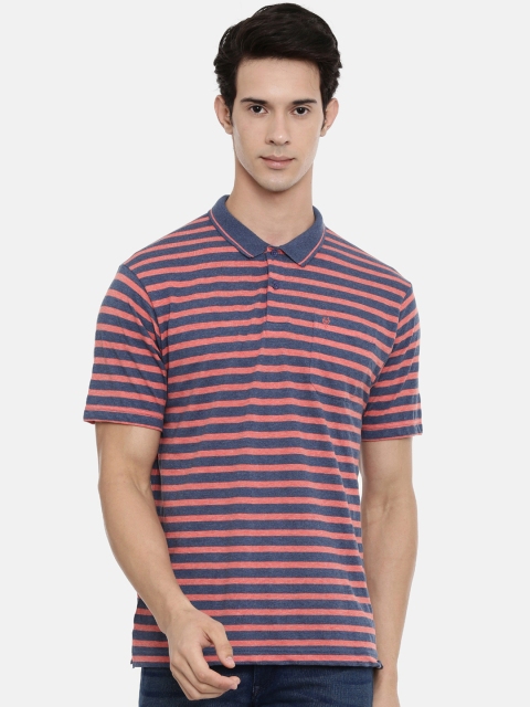

Classic Polo Men Blue & Pink Striped Polo Collar Slim Fit T-shirt