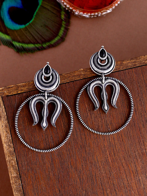 

Studio Voylla Silver-Toned & Black Oxidised Circular Drop Earrings