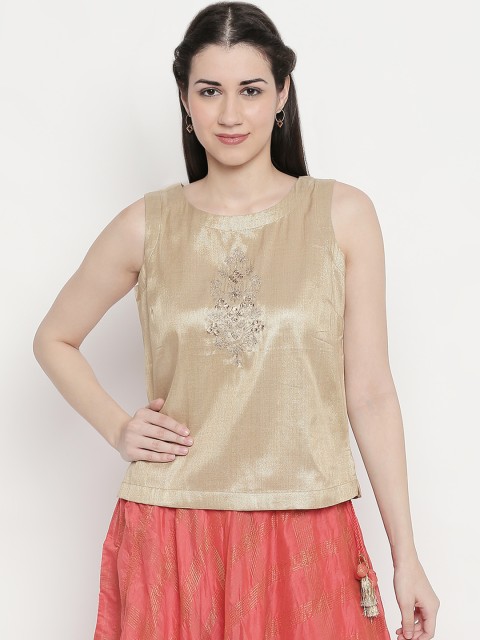 

AKKRITI BY PANTALOONS Women Gold-Colored Printed Pure Cotton Top