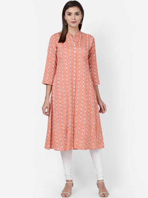 

Soch Women Peach-Coloured & Grey Striped A-Line Kurta