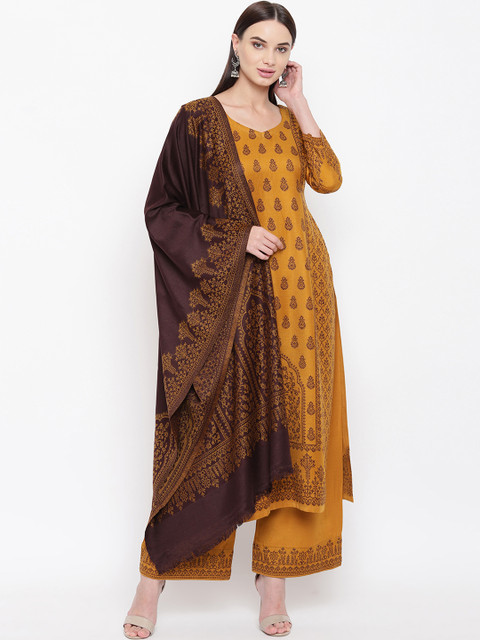 

HK colours of fashion Mustard & Brown Printed Unstitched Dress Material