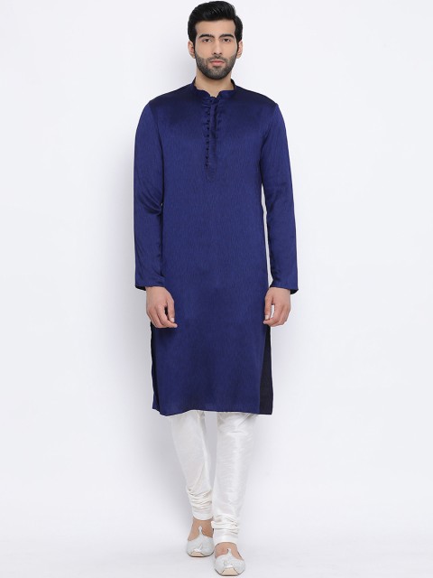 

NAMASKAR Men Navy Blue & White Solid Kurta with Churidar