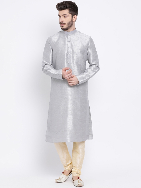 

NAMASKAR Men Silver-Coloured & Gold-Coloured Solid Silk Kurta with Dupion Silk Churidar