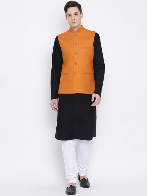 

NAMASKAR Men Mustard Yellow & Black Solid Kurta with Churidar