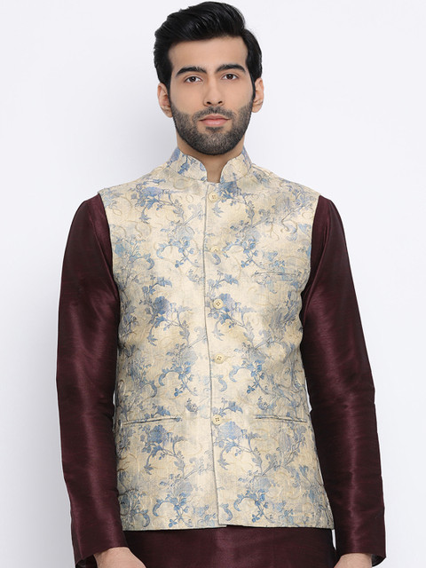 

Namaskar Men Beige & Blue Printed Woven Nehru Jacket