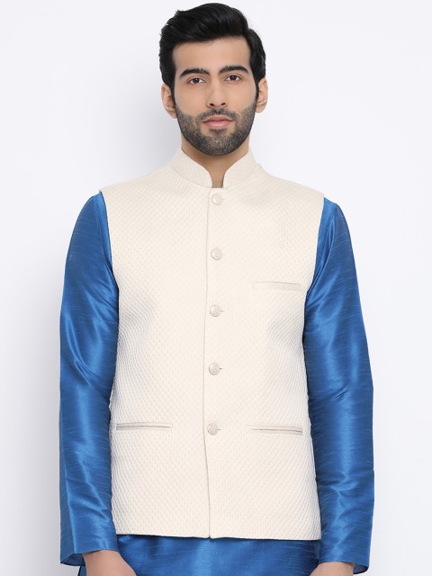 

Namaskar Men Cream-Coloured Yellow Printed Woven Nehru Jacket