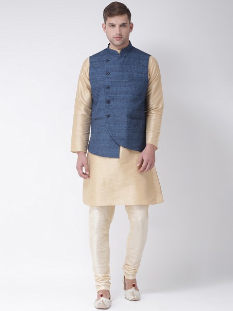 

TABARD Men Blue & Beige Solid Kurta with Churidar With Nehru Jacket