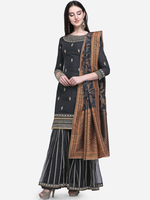 

Stylee LIFESTYLE Black & Brown Raw Silk Semi-Stitched Dress Material