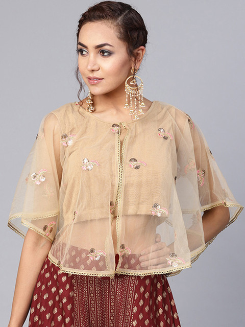 

Juniper Women Beige Embroidered Net Cape Top