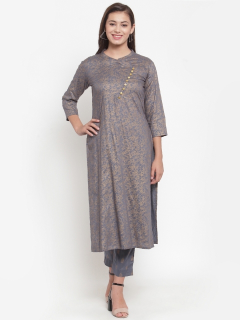 

Indibelle Women Grey & Gold-Coloured Foil Printed Kurta with Trousers