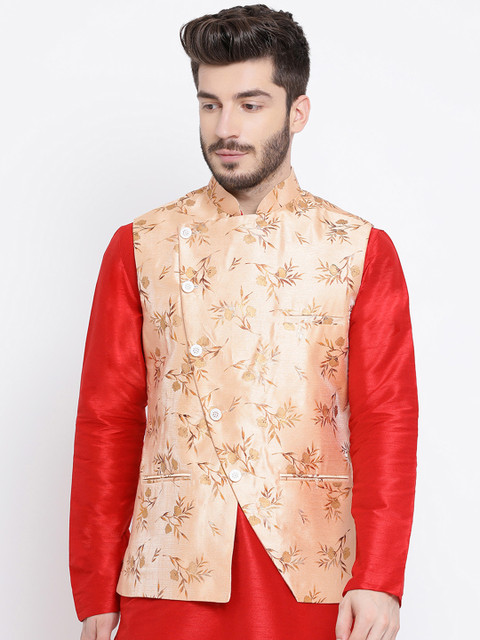 

Namaskar Men Gold-Toned Printed Woven Pure Silk Nehru Jacket