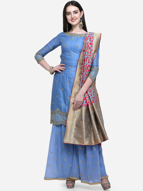 

Stylee LIFESTYLE Blue Satin Semi-Stitched Dress Material