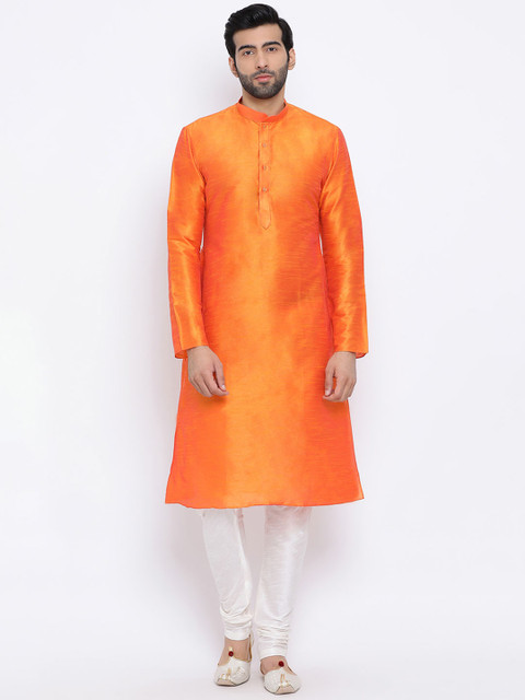 

NAMASKAR Men Orange & White Solid Straight Kurta