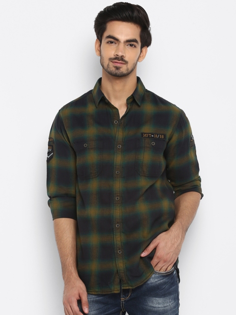 

Mufti Men Olive Green & Navy Blue Checked Slim Fit Casual Shirt