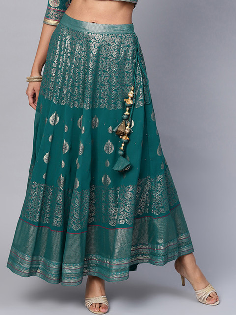 

Juniper Women Teal Green & Gold-Coloured Foil Print Flared Maxi Skirt