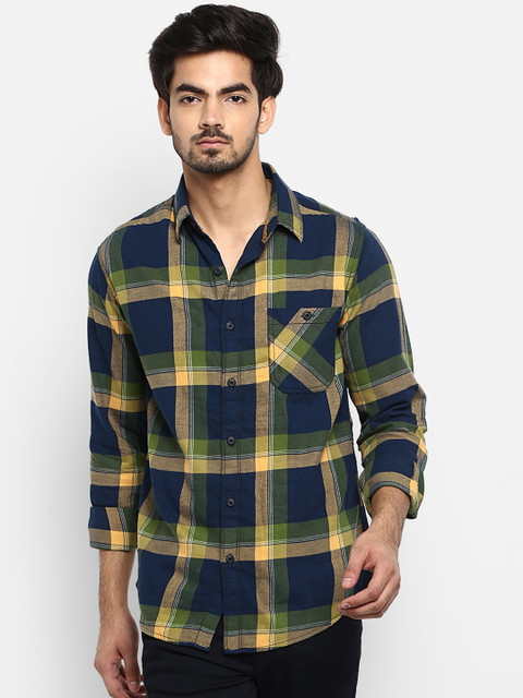 

Mufti Men Navy Blue & Green Checked Slim Fit Casual Shirt