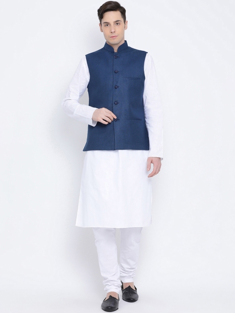 

NAMASKAR Men Blue & White Solid Kurta with Churidar