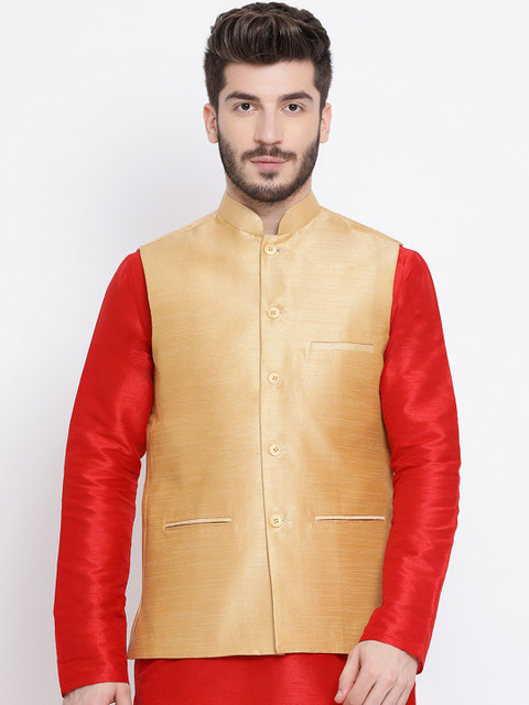 

Namaskar Men Gold-Toned Solid Woven Nehru Jacket